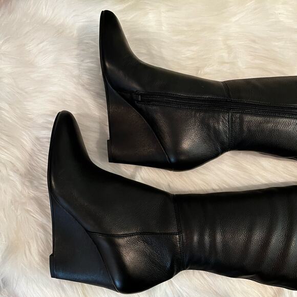 NEW Via Spiga Leather Wedge Over the Knee Kennedy OTK Wedge Heel Boots Black S… - Picture 6 of 16